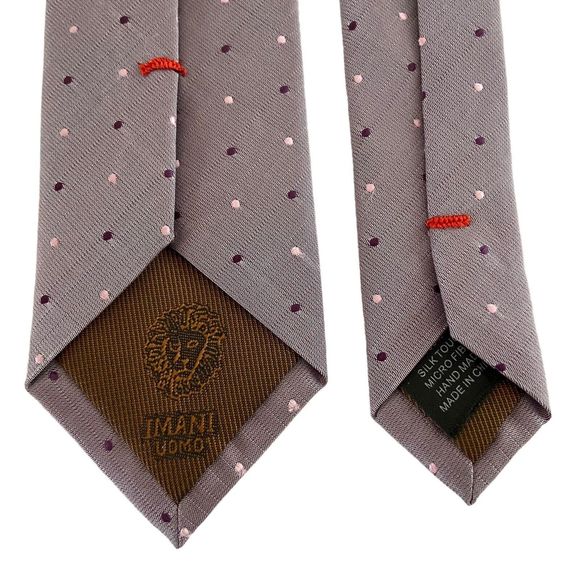 IMANI UOMO Necktie Iridescent Purple Lilac Pink Dots Pattern Skinny Silk Tie - Picture 7 of 9